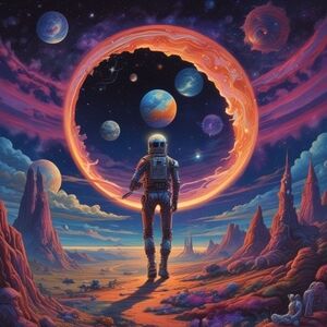 Astronaut in Cosmic Landscape Art Print